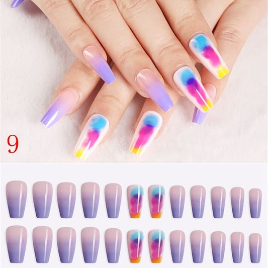 24pcs/Set Detachable Long Coffin Fake Nails European Rainbow Ballerina Full Nail Art Tips Colorful Beauty Artificial False Nails