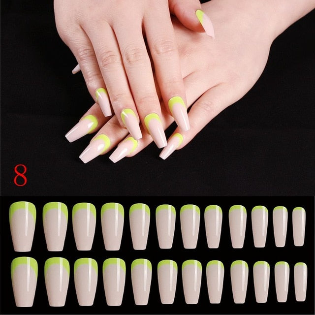 24pcs/Set Detachable Long Coffin Fake Nails European Rainbow Ballerina Full Nail Art Tips Colorful Beauty Artificial False Nails