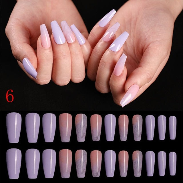 24pcs/Set Detachable Long Coffin Fake Nails European Rainbow Ballerina Full Nail Art Tips Colorful Beauty Artificial False Nails