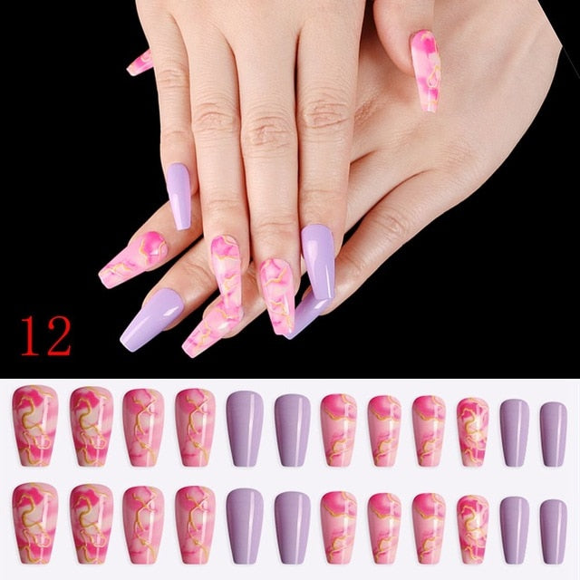 24pcs/Set Detachable Long Coffin Fake Nails European Rainbow Ballerina Full Nail Art Tips Colorful Beauty Artificial False Nails