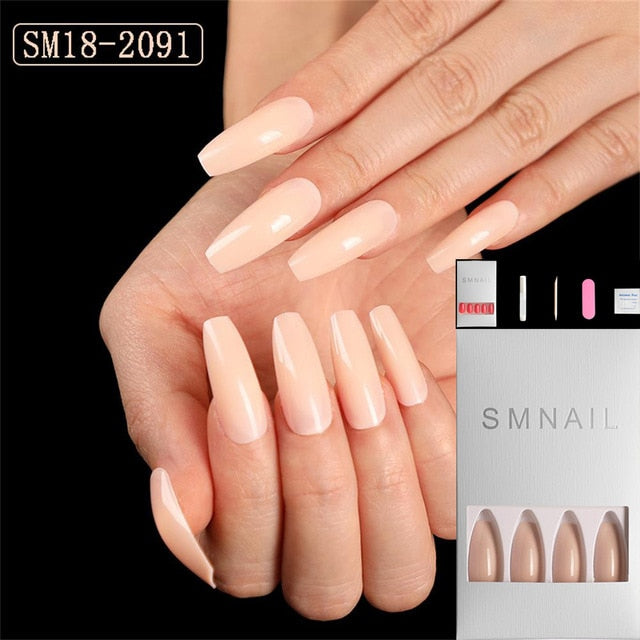 24pcs/Set Detachable Long Coffin Fake Nails European Rainbow Ballerina Full Nail Art Tips Colorful Beauty Artificial False Nails