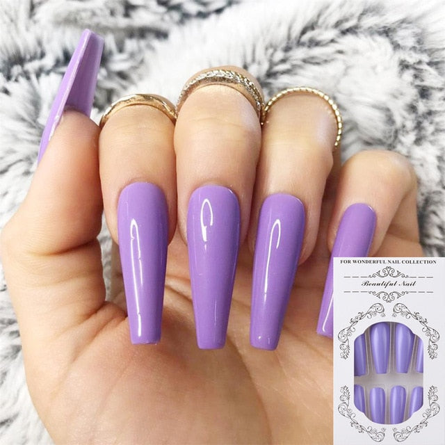 24pcs/Set Detachable Long Coffin Fake Nails European Rainbow Ballerina Full Nail Art Tips Colorful Beauty Artificial False Nails
