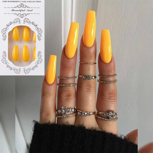 24pcs/Set Detachable Long Coffin Fake Nails European Rainbow Ballerina Full Nail Art Tips Colorful Beauty Artificial False Nails